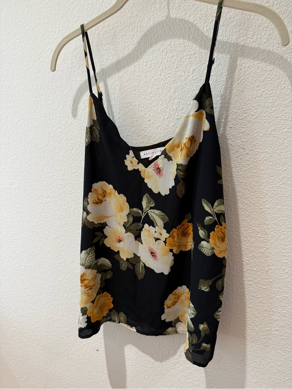 Floral V-Neck Spaghetti Strap Cami - Black with Yellow Floral